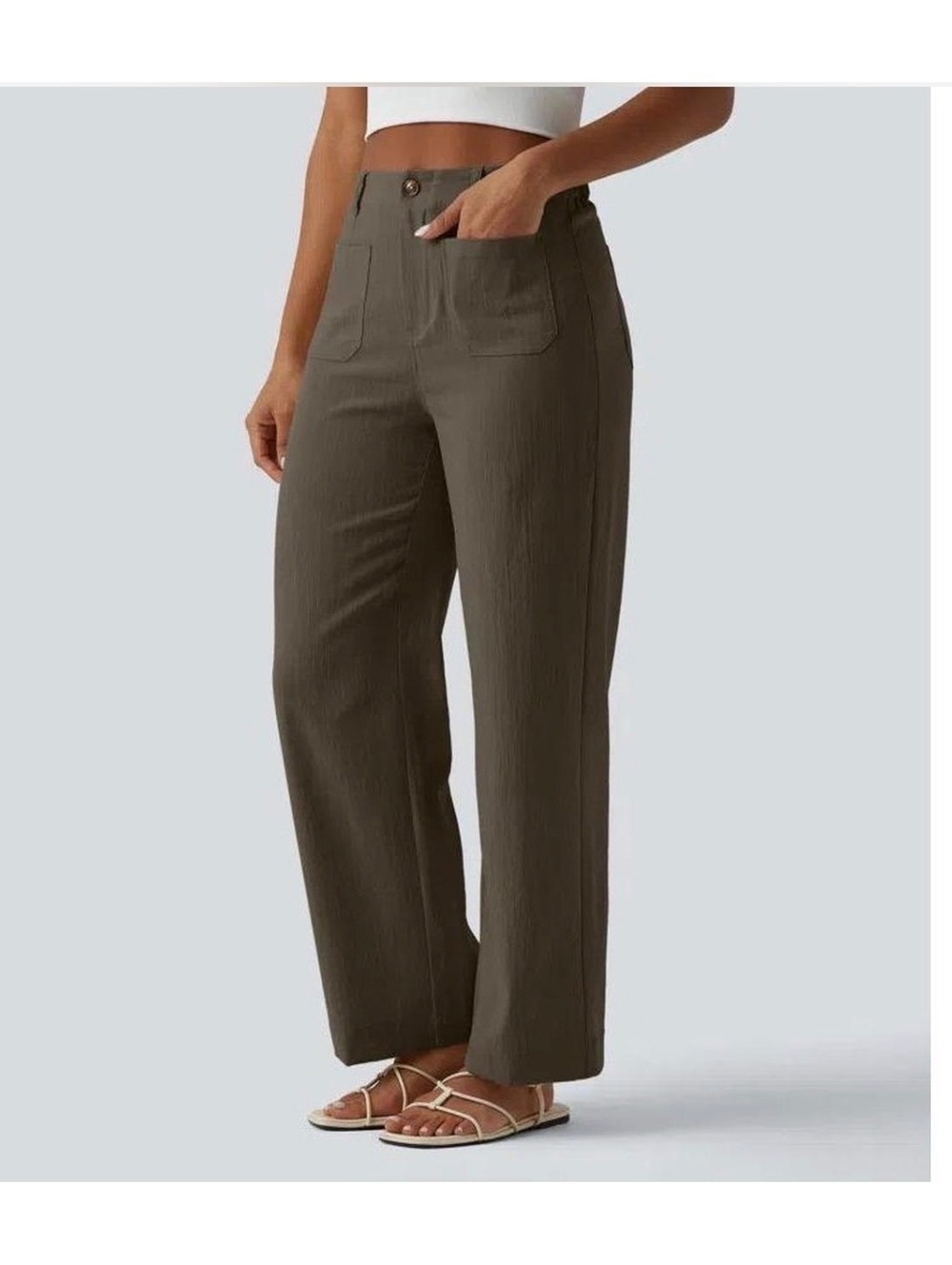 Halara High Waisted Straight Leg Linen Feel Trouser Brown Women’s Size M NWT